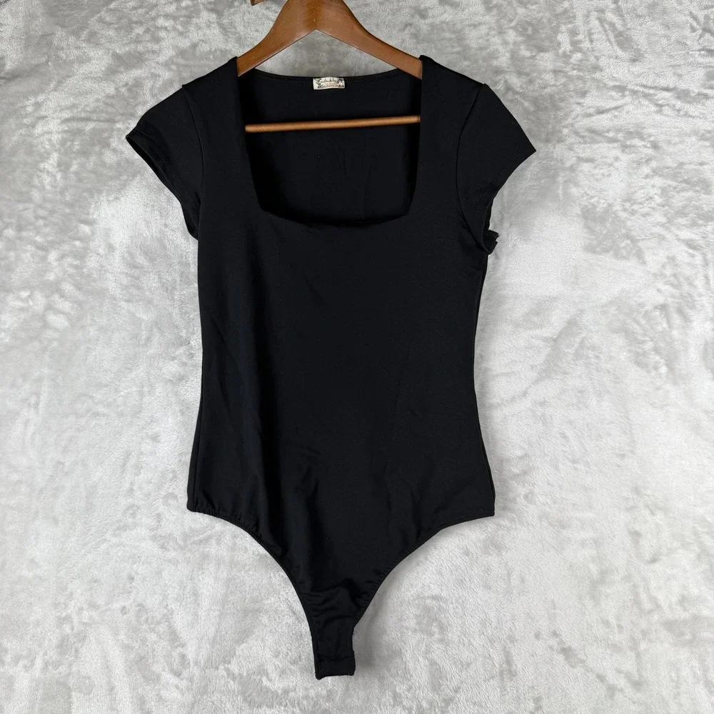 Free People Black Square Neck Cap‎ Sleeve Thong Bodysuit Women's Size large